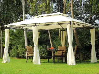 Cenador de Jardín 3x4 m Marco Acero Gazebo con Doble Techo 6 Cortinas Laterales 8 Orificios de Drenaje Buena Ventilación para Fiestas Eventos Crema