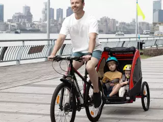 Remolque Infantil 3en1 para Bicicleta Carro de 2 Plazas para Niños de +6 Meses Plegable Ruedas Giratorias y Manillar Ajustable 150x85x107 cm Rojo