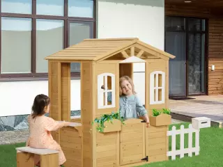 Casita Infantil de Exterior a Partir de 3 Años Casa de Juegos de Madera con Buzón Banco 210x107x140 cm para Exterior Interior Color Madera Natural