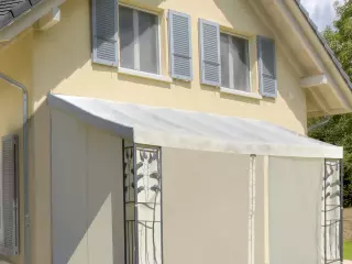 Cenador 4x3 m Montado en la Pared con Cortinas Laterales Malla con Cremallera 4 Orificios de Drenaje para Exterior Fiestas Eventos Beige