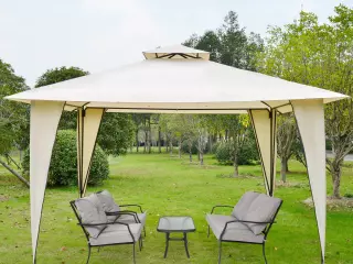 Cenador 3,5x3,5 m Carpa con Doble Techo y 8 Orificios de Drenaje para Celebraciones Fiestas Jardín Exteriores Beige