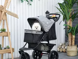 Cochecito para Mascotas Plegable con 3 Ruedas Puerta Ventanas de Malla Cesta de Almacenaje y Correas de Seguridad Marco Acero 109,5x54,5x106,5 cm Gris