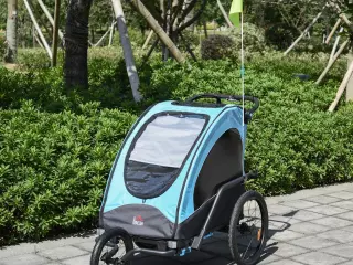 Remolque Infantil 3 en 1 para Bicicleta Carro de 2 Plazas para Niños de +6 Meses Plegable Ruedas Giratorias y Manillar Ajustable 150x85x107 cm Azul