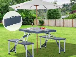 Mesa Maleta de Camping Plegable Portátil 4 Asientos y Agujero Sombrilla Estructura Aluminio Playa Picnic 136x84,5x66 cm (Gris)