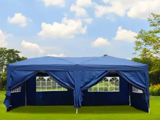 Carpa Plegable 5,91x2,97x2,55 m en Acordeón con 4 Paneles laterales y 2 Cortinas +Bolsa Transporte Color Azul /BLANCA