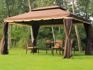 Gazebo Pabellón Exterior Jardín 2.9x3.9x2.8m Carpa Cenador Impermeable de Lujo Marco de Aluminio con Pared Lateral y Mosquitera Color Marrón