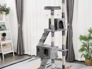 Rascador Gatos Dormir Jugar Centro Actividades Arañar Gris Madera Felpa con Ratoncitos 50x50x170cm