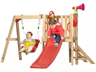 Juego de Tobogán y Columpio para Niños 4 en 1 con Columpio Tobogán Volante Bocina Teléfono 170x200x118 cm Rojo y Natural