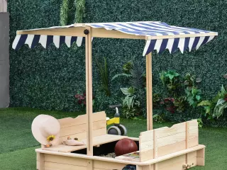 Arenero de Madera para Niños con Techo Banco Toldo Ajustable Desmontable Caja de Arena 106x106x121 cm +3 Años Carga 150 kg Color Madera Natural