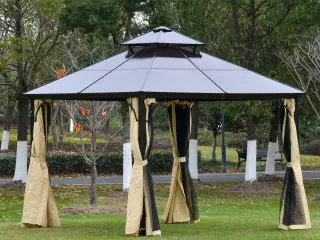 Cenador 3x3 m con Doble Techo de Policarbonato y 4 Cortinas 4 Mosquiteras con Cremallera Marco de Aluminio Exterior Fiestas Beige y Negro