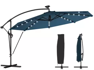 Parasol Excéntrico con Luces LED Solares Ø345 cm Sombrilla Jardín de Aluminio con Base Cruzada Manivela Funda Azul