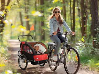 Remolque de bicicleta para niños 2 en 1 con cinturón de seguridad de 5 puntos reflectores bandera y cortina cortavientos Rojo