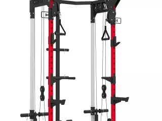 Jaula de Potencia Smith Machine, Rack para Sentadillas con Sistema Polea Ajustable Barra Dominadas y Estación de Fondos