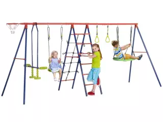 Juego de Columpios de Jardín de Metal 6 en 1 para Niños de 3-12 Años con Canasta Escalera y Anillas 435x135x177 cm Azul