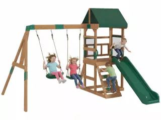 Torre de juego estructura de escalada de madera armazón con tobogán 2 columpios pared de escalada para 3-8 años 315x284x233 cm Verde