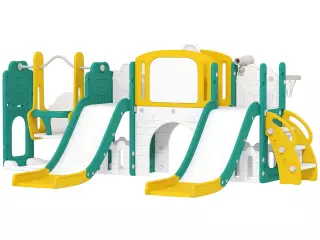Conjunto de 9 en 1 de toboganes y columpios para niños pequeños, con aro de baloncesto, telescopio, pizarra, diseño de rana, Amarillo+Verde