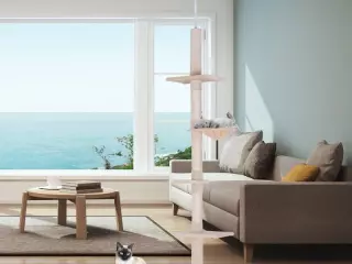 Árbol Rascador para Gatos 40x34x230-260 cm Árbol Escalador de Gato para Fijar al Techo Altura Ajustable con Plataformas Hamaca y Postes de Sisal Beige