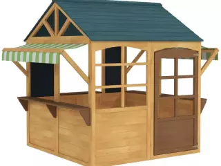 Casita de Juegos Infantil de Madera con Ventanas Pizarras Tejado y Toldo 173x117x144 cm Madera Natural