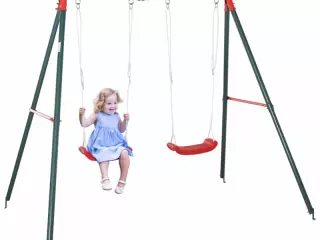 Columpio Doble para Niños +3 Años con Soporte de Metal Juego de Columpio Infantil Cuerda Ajustable Exteriores Carga Máx. 40kg 220x160x180cm Verde Rojo