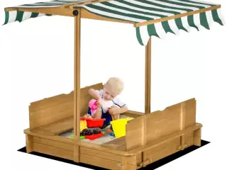 Arenero Infantil con Toldo Ajustable en Altura 2 Bancos y Respaldos Desmontables para Patio 106x106x115 cm Natural