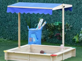 Arenero de Madera para Niños con Techo Cajón de Arena Toldo Ajustable Espacioso 120x120x120 cm para Jardín Exterior al Aire Libre Color Madera Natural