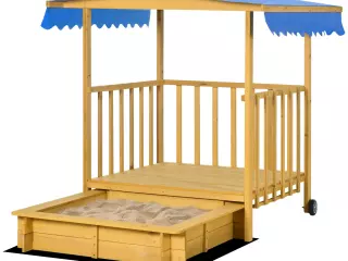 Arenero para Niños Veranda de Madera con Techo y Ruedas Juego para Niños de 3-8 Años para Jardín 133x129x137,5cm Natural