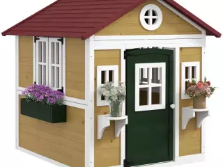 Casita de Madera Infantil con Puerta Ventanas Jardineras y Repisas con Detalles de Color 114x126,4x135 cm Natural