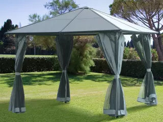 Cenador 3x3 m con Techo de Policarbonato 4 Cortinas Laterales y 4 Mosquiteras con Cremalleras Marco de Metal Exteriores Fiestas Multicolor
