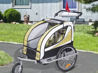Remolque para Bicicleta tipo Carro con Barra de Paseo para Niños de 2 Plazas con Rueda Delantera Giratoria 360 Grados