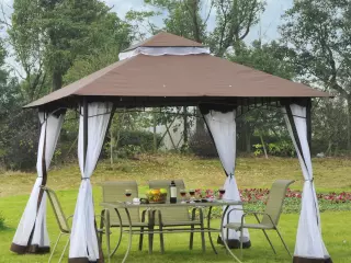 Carpa para Jardín y Terraza Cenador 300x300x270cm con Mosquitera Pabellón Gazebo con Techo con Ventilación Color Café y Negro