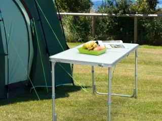 Mesa de Camping Plegable y Convertible con Altura Regulable - Color Blanco - Aluminio y MDF - 120x60x54-70cm