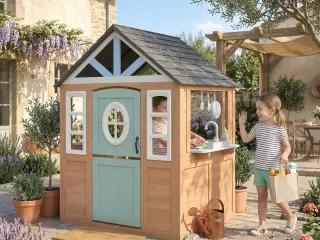 Casita Infantil Exterior e Interior de Madera con Puerta para Mascotas Cocina de Juguete Media Puerta Madera Natural