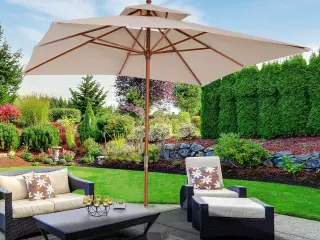 Sombrilla Parasol de Bambú Madera para Jardín Terraza Patio Playa Doble Techo Rectángulo Mástil de 48mm Crema 3x3m preguntar stock