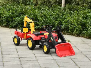 Tractor a Pedales con Remolque Excavador con Pala Frontal Juguete de Conducción para +3 Años Dirección y Palas 179x42x59cm Rojo
