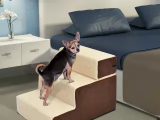 Escalera para Mascotas Perros Gatos de 3 Peldaños Desmontable y Funda Extraíble Portátil Carga 15 kg 54x40x39 cm Marrón y Beige