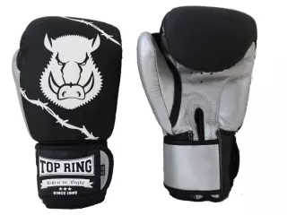 GUANTE BOXEO PIEL NEGRO/PLATA "ESPINO" TOP RING