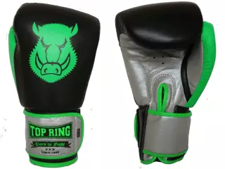 GUANTE BOXEO PIEL NEGRO/VERDE FLÚOR TOP RING