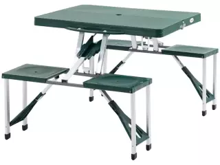 Mesa Maleta de Camping Plegable Portátil 4 Asientos y Agujero Sombrilla Estructura Aluminio Playa Picnic 135.5x84.5x66cm (Verde)