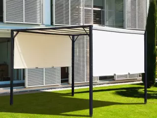 Pérgola 3x3m Gazebo Cenador con Techo Retráctil y Pared Lateral Acero Versátil para para Jardín Patio o Terraza Tela Poliéster