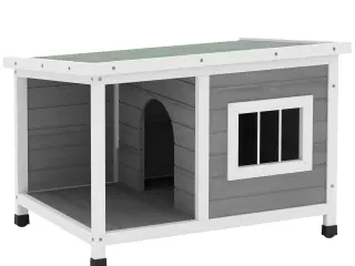 Casa para Perros de Madera 85,5x62x60 cm con Techo Asfáltico Abatible Puerta y Ventana para Perros Pequeños Gris