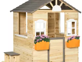 Casita Infantil de Juegos Exterior para Niños de 3 -7 Años con Ventanas 2 Jardineras y 1 Banco 113x94x134,5 cm Natural