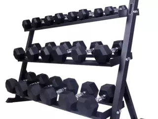 Pack de mancuernas con mancuernero 120/150 CM Pesos incluídos: desde 2.5-5-7.5-10-12.5-15-17.5-20kg por duplicado