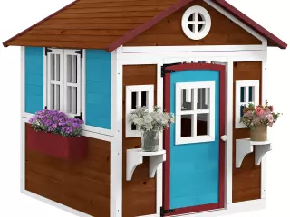 Casita de Madera Infantil con Puerta Ventanas Jardineras y Repisas con Detalles de Color 114x126,4x135 cm Marrón Oscuro