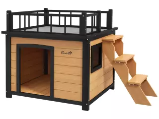 Caseta para perros con terraza en el techo, resistente a la intemperie, de madera, 121x77x78 cm, Negro/Amarillo