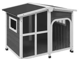 Caseta de Madera para Perros con Techo Abatible Frontal Acrílico y Puerta con Cortina 101x66,5x70,5cm Gris Oscuro