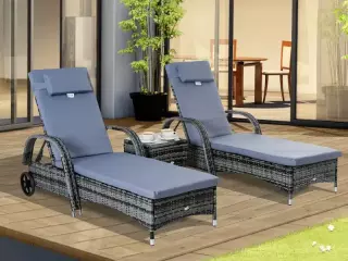 Set de 2 Tumbonas Chaise Longue + 1 Mesa de Ratan para Jardín o Terraza Sillas con Cojín y Respaldo Ajustable a 5 Niveles (Gris)