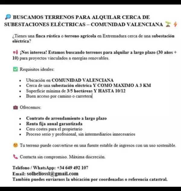 BUSCO TERRENOS PARA ALQUILAR CERCA DE SUBESTACIONES ELÉCTRICAS CDAD VALENCIANA