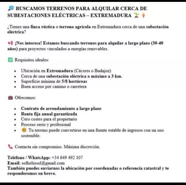 ALQUILO TERRENOCERCA DE SUBESTACIONES ELÉCTRICAS EXTREMADURA