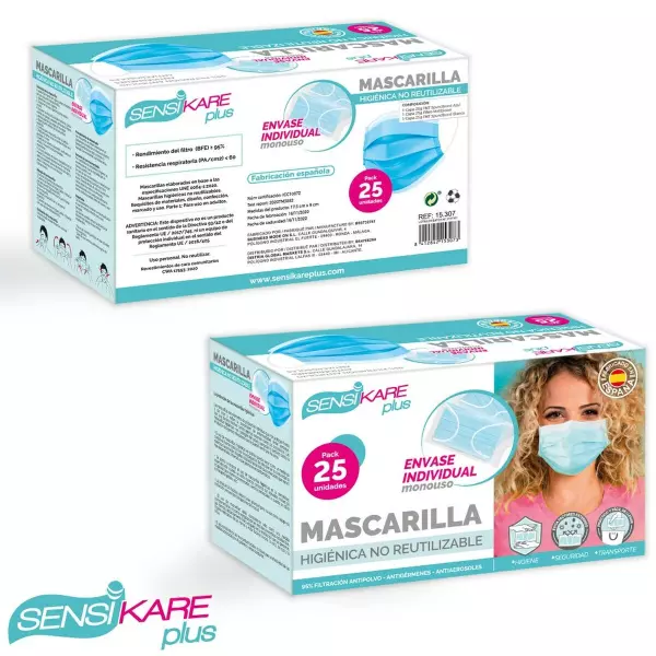 Caja de Mascarillas Higiénicas SensiKare (12 Cajas x 25 Unidades)