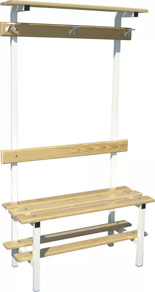 BANCO VESTUARIO SENCILLO CON ZAPATILLERO, PERCHA Y ESTANTE SUPERIOR 1 MT.